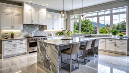 Fototapeta premium Modern kitchen interior showcasing marble countertops, white cabinetry, stainless steel appliances, and a large window revealing a scenic outdoor view.