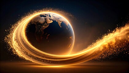 Earth encircled by golden light trails