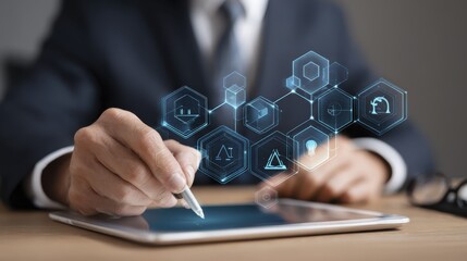 Businessman using tablet with virtual interface for data analysis and technology integration