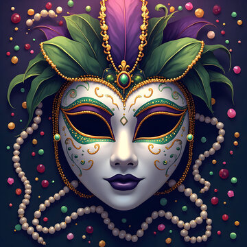 Mardi gras poster with pearls and white mask Marda gras background with party celebration poster