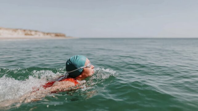 Woman swimming in open water with blue cap under clear sky - Powered by Adobe