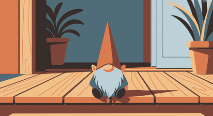 isolated on white background Whimsical garden gnome illustration standing on a porch vector art for 