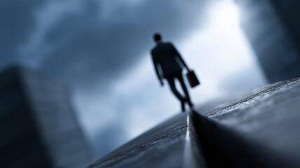 Symbolic 3D concept of corporate danger with businessman on suspended plank between skyscrapers surrounded by warning icons and financial arrows highlighting risk management and economic instability