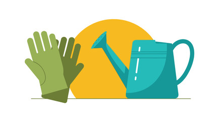 isolated on white background Gardening gloves and watering can flat vector illustration isolated on 