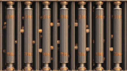 Industrial pattern of nuclear reactor rods with rusty details and vertical lines