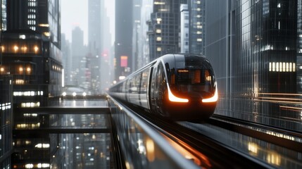 Futuristic high-speed train traveling through a modern urban cityscape at night