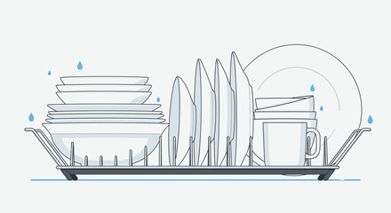Clean wet dishes, including plates, bowls, and glasses, air-drying in a kitchen dish rack illustration.