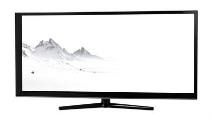 Black flat-screen TV, snowy mountain landscape