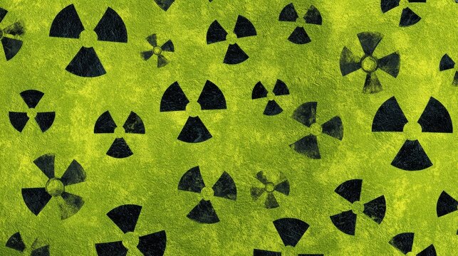 Seamless Textured Green Background with Scattered Black Radiation Hazard Symbols