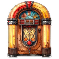 Retro jukebox, vibrant colors, aged wood, detailed design