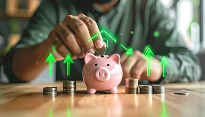 Hands inserting coin into pink piggy bank, surrounded by coins and upward trend graphics