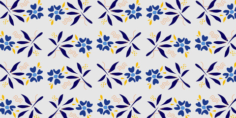 Decorative Floral Pattern with Blue Flowers and Dark Blue Leaves.
