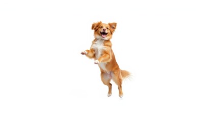 Happy dog jumping excitedly in the air on white background  