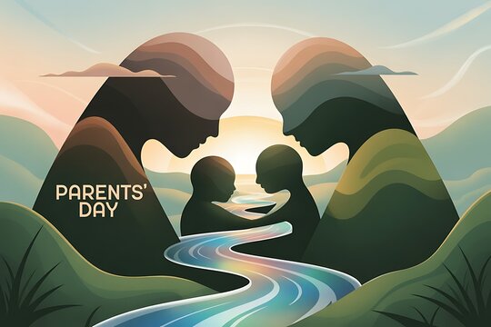 Cherish family bonds with this heartwarming Parents' Day illustration, symbolizing love and connection through abstract mountain and river imagery