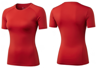 Red athletic tshirt isolated on transparent background, designed for optimal performance and comfort during workouts and sports activities, front and back view