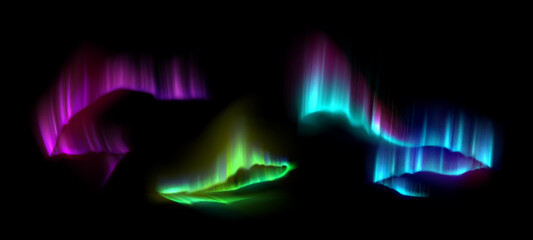 Colorful aurora northern lights effect with vibrant green, purple and blue waves on dark sky for natural phenomenon display. Glowing atmospheric gradient transitions for arctic visualization. © klyaksun
