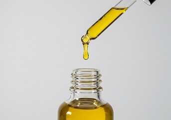 Dropper dispensing yellow liquid into bottle against a white background
