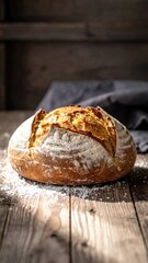 Freshly baked sourdough loaf on rustic wooden table