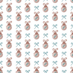 Christmas seamless pattern. White background with beige balls and teal bows. Hand drawn illustration, design for textil and packaging