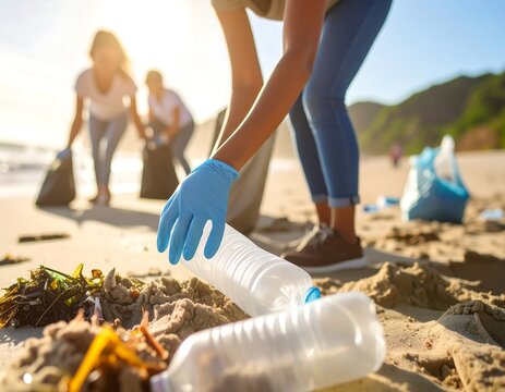 Beach cleanup volunteers gather plastic bottles and debris from the sand