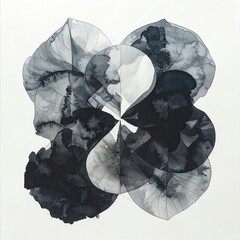 Abstract, symmetrical, ink wash artwork, featuring overlapping, flowing shapes, in shades of gray and black