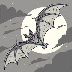 Flying Bat Line Art, Detailed Black and White Bat Illustration, Spooky Animal Drawing