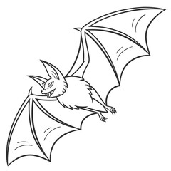 Flying Bat Line Art, Detailed Black and White Bat Illustration, Spooky Animal Drawing