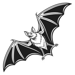 Flying Bat Line Art, Detailed Black and White Bat Illustration, Spooky Animal Drawing