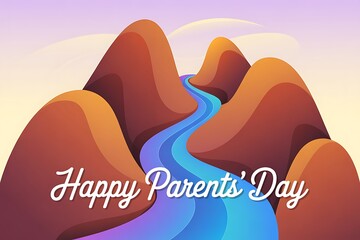 Show your love this Parents' Day with this colorful illustration featuring a tranquil river flowing through mountain peaks, perfect for family celebrations