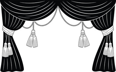 Black silhouette of theatrical curtains with tassels and ropes stage theater