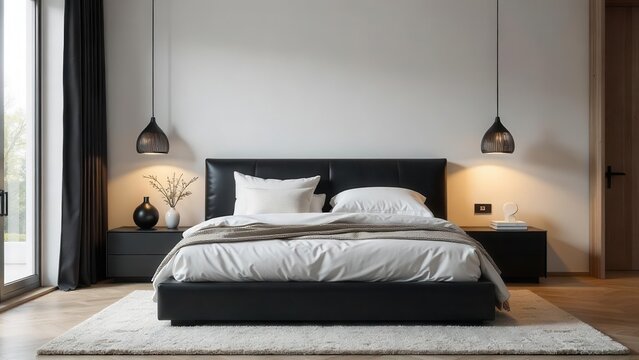 Modern minimalist bedroom interior design with black leather bed, neutral bedding, and stylish pendant lighting