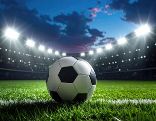 Soccer ball on a field at night, stadium lights shining