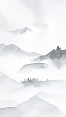 Misty mountain range, grayscale monochrome landscape