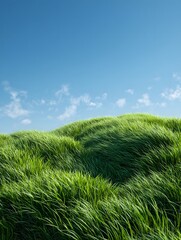 Naklejka premium Verdant green grasses gently sway atop rolling hills under a bright, cloud-dappled blue sky, portraying a sense of serenity and tranquility in a natural landscape.