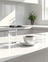 Fototapeta premium Coffee cup and glass of water on a kitchen counter 