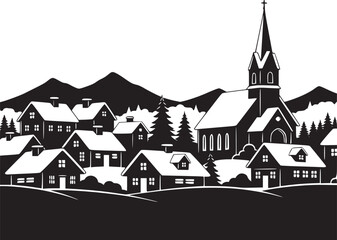 Christmas Winter Village Scene Silhouette Snow-Covered Houses and Church