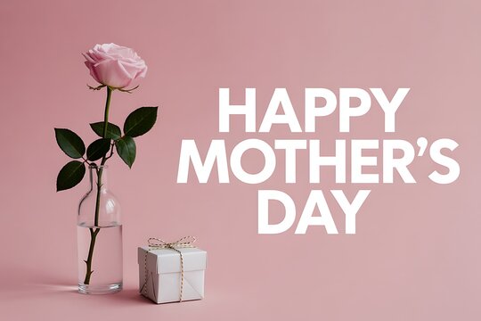 Elegant pink rose with gift for a Happy Mother's Day greeting, perfect for heartfelt celebrations and loving tributes this spring