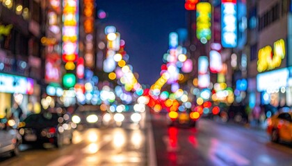 Abstract background of a vibrant, busy city street at night, intentionally defocused to create a beautiful bokeh effect from traffic lights and colorful neon signs. This blurred urban cityscape evokes