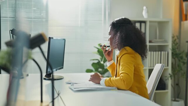 Business professional leverages AI powered assistant and big data analytics on smartphone to discuss strategic fintech consulting, financial planning and data-driven investment insights modern office