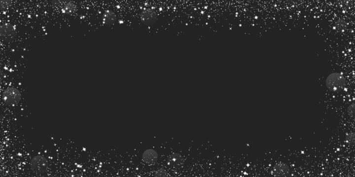 Black frame with silver glitter and shimmer border for elegant invitations or luxury card designs. Sparkling stardust particles and light effects around dark center space. Premium background template.