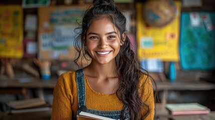 Smiling Student in a Classroom Setting, Warm Lighting and Focus