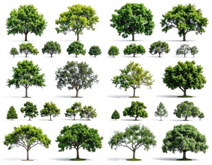 Collection of various trees against a white background