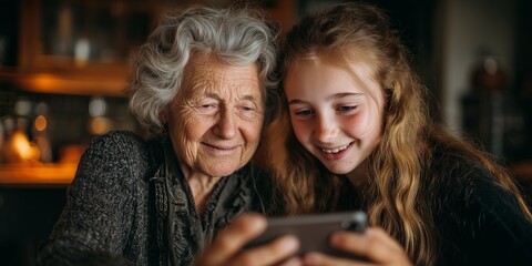 happy grandmother with gray hair sitting beside her smiling teenage granddaughter, both looking at smartphone screen together, cozy home interior, warm family atmosphere, authentic lifestyle portrait