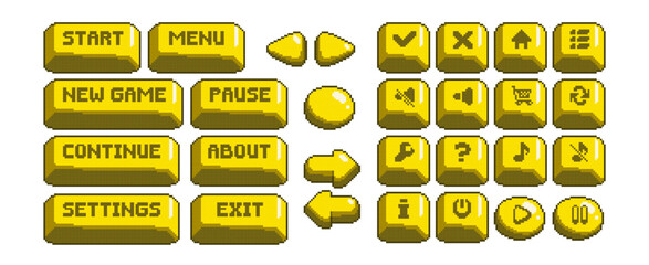 Yellow pixel game button set with start, menu, pause and navigation controls for interface. Retro 8 bit style icons with arrows and sound, settings and exit options. Digital arcade UI elements. © klyaksun
