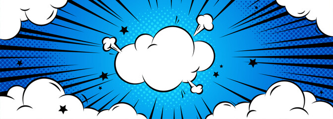 Comic cloud explosion with blue radial burst and white speech bubble for superhero pop art. Retro halftone background with stars, rays and dynamic action lines. Vintage cartoon boom effect for poster.