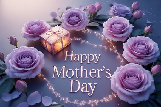Elegant Happy Mother's Day greeting card with soft pink roses and a glowing gift box, perfect for celebrating mom with love and appreciation