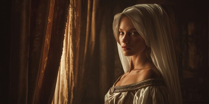 elegant medieval woman wearing tall hennin headdress with sheer veil, dressed in off-shoulder flowing gown with decorative trim, soft cinematic lighting with glowing rim light behind