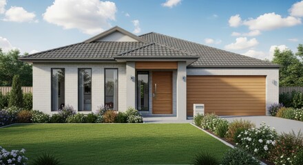 Modern single story family home with attached garage and lush landscaping