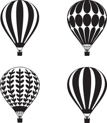 Obraz premium Minimalist Hot Air Balloon Silhouette Icon Set – 2x2 Grid with Striped, Diamond, Floral, and Abstract Patterns 