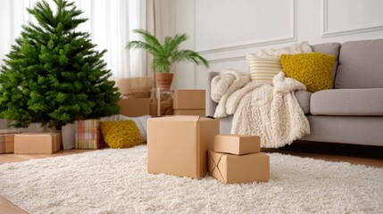 Obraz premium Cardboard boxes in a living room with a christmas tree, symbolizing moving or holiday delivery.